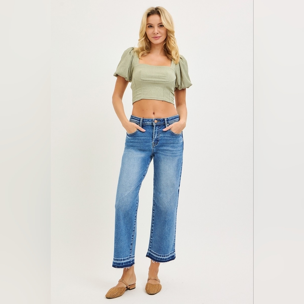 RISEN HR Medium Wash Slouchy Boyfriend Jeans Released Hem Cropped Various NEW